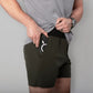 Olive green Carrier Training Shorts Mk.II with 5-inch inseam for concealed carry and training