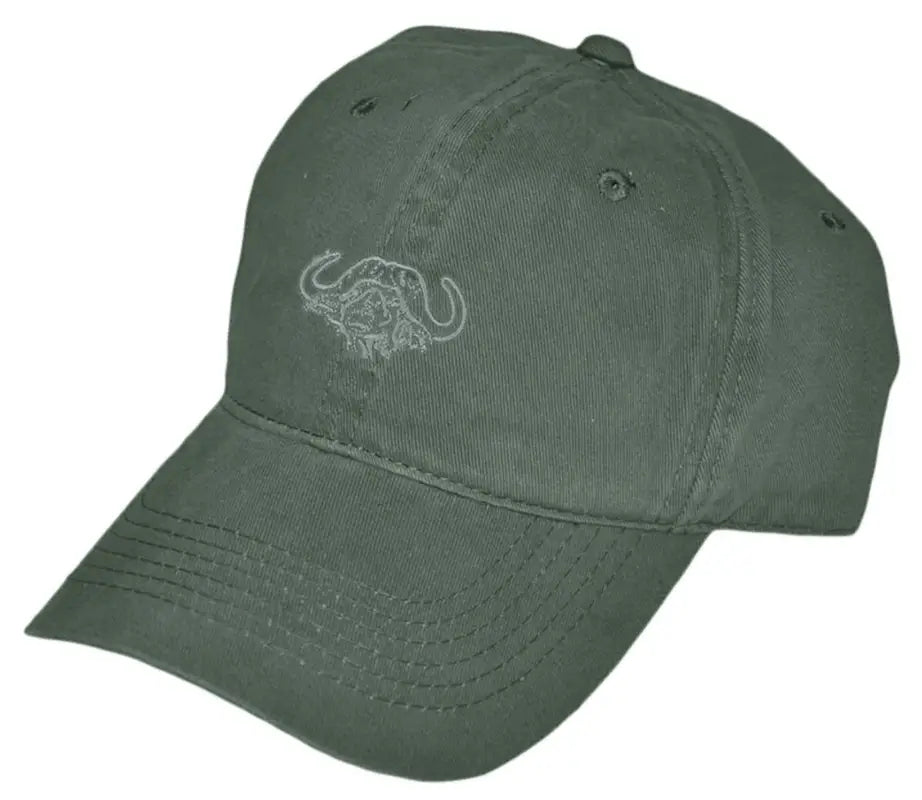 Olive green adjustable twill cap featuring an embroidered buffalo logo design