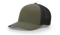 Olive green and black Trucker Hat with Serpent Skull Leather Patch for stylish overview
