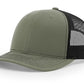 Olive green and black trucker hat with leather patch for first responders or firefighter fans