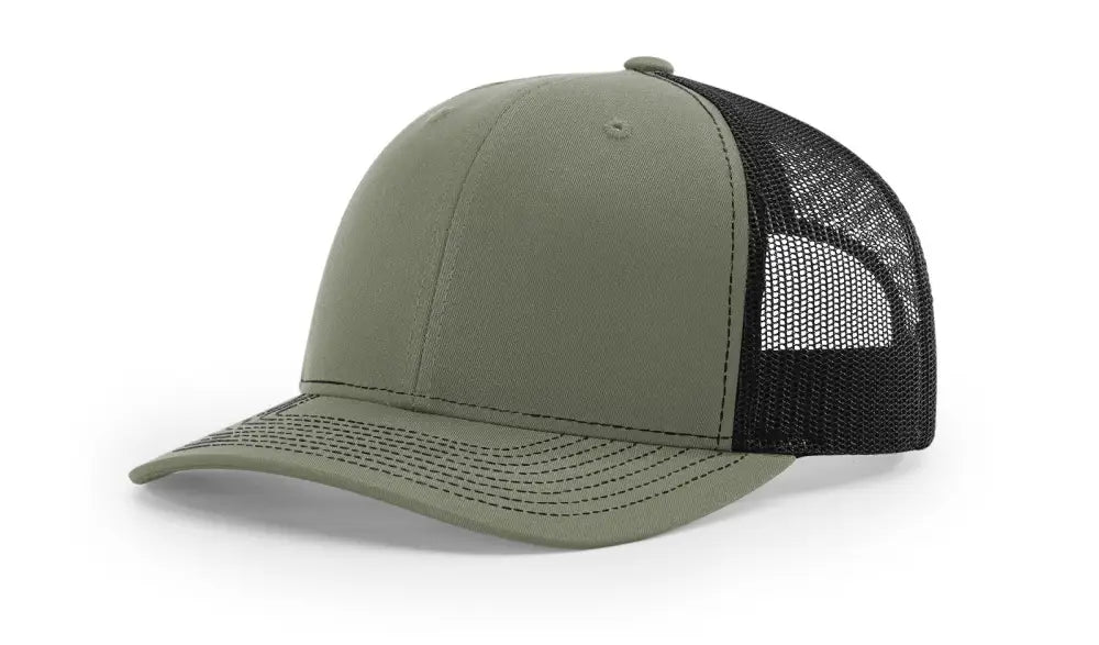 Olive green and black trucker hat with leather patch for first responders or firefighter fans