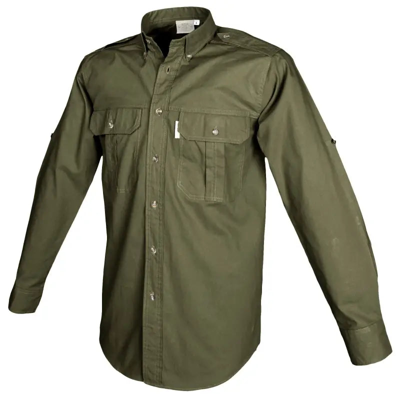 Olive green trail shirt for men with chest pockets and long sleeves for first responders