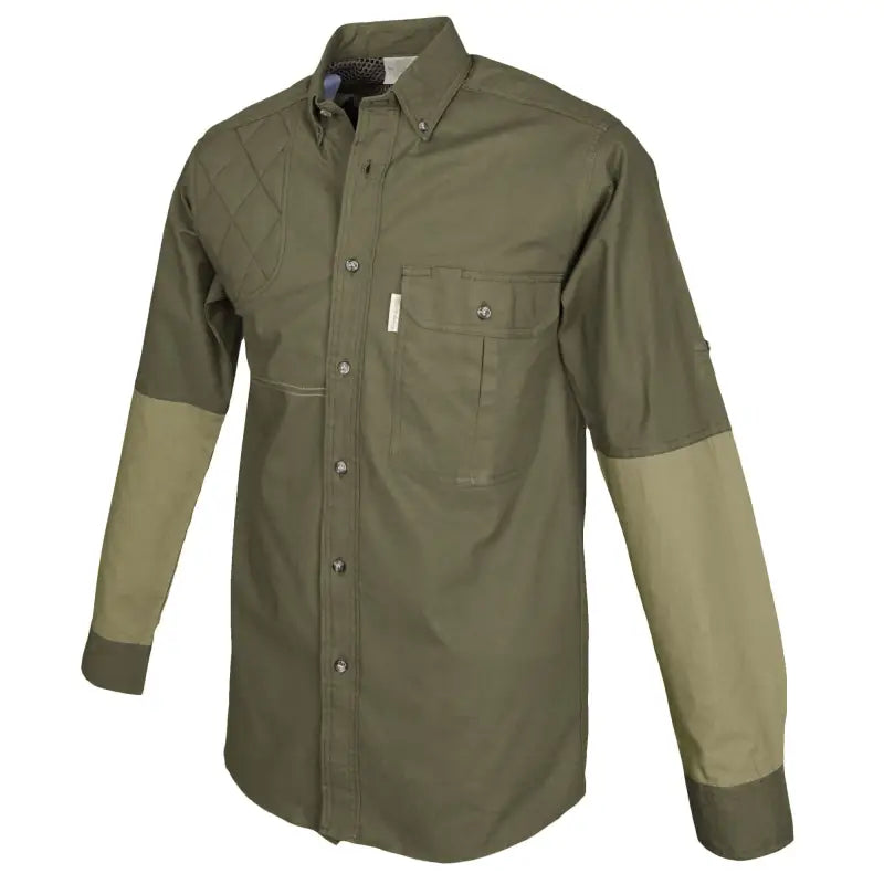 Olive green Clay Bird shirt for men with reinforced elbow patches, long sleeve design