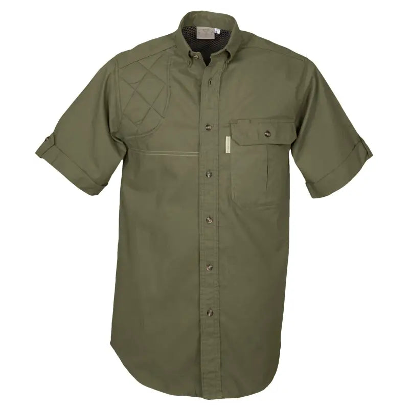 Olive green Clay Bird shirt for men, featuring short sleeves and chest pockets