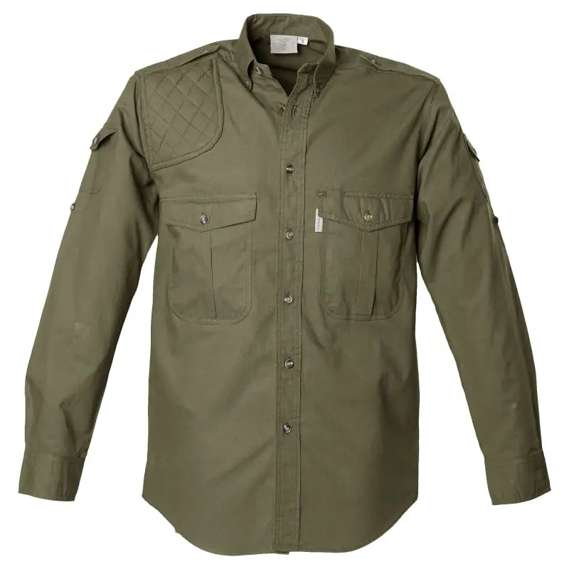 Olive green Shooter Shirt for Men with shooting patch, chest pockets, and shoulder patches