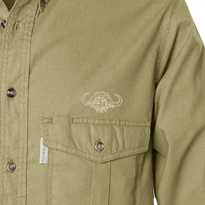 Olive-green Shooter Shirt for Men with embroidered buffalo logo and chest pockets