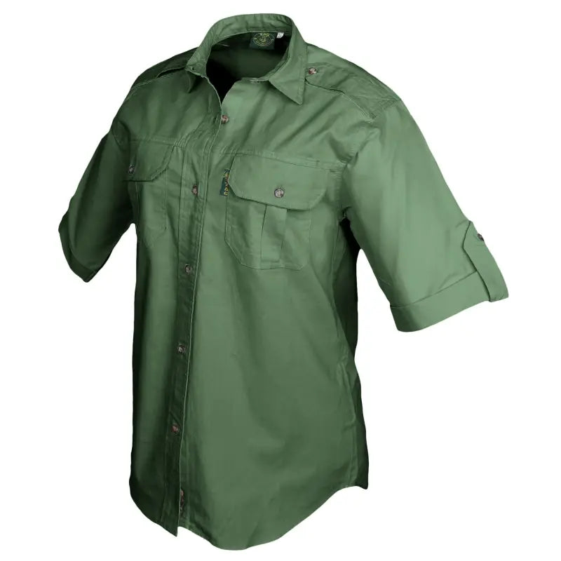 Olive green Trail Shirt for Women featuring rolled sleeves and chest pockets, ideal for outdoor gear