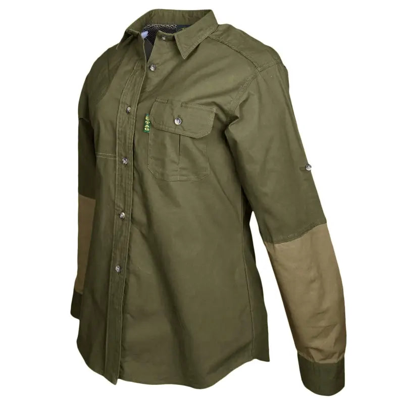 Olive green Clay Bird Shirt for Women with tan elbow patches and mesh lined vent