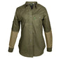 Olive green Clay Bird Shirt with tan elbow patches and chest pocket, featuring a mesh lined vent