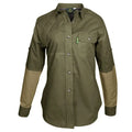 Olive green Clay Bird Shirt with tan elbow patches and chest pocket, featuring a mesh lined vent