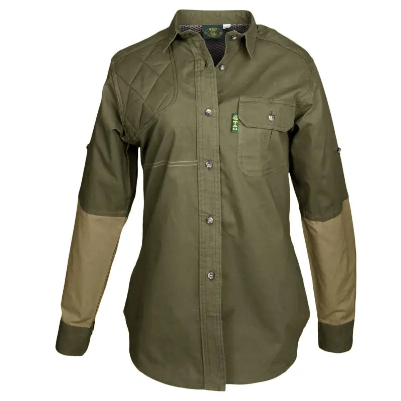 Olive green Clay Bird Shirt with tan elbow patches and chest pocket, featuring a mesh lined vent