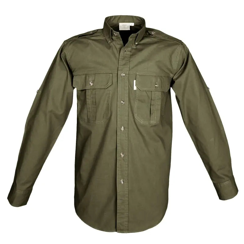 Olive green trail shirt for men with chest pockets and long sleeves for first responders