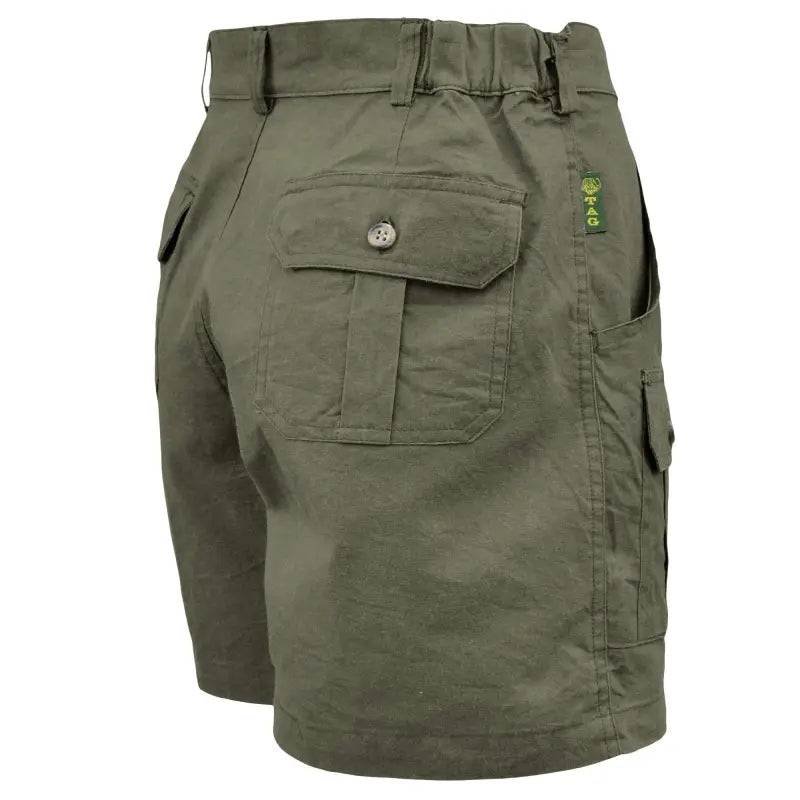 Olive green Professional Hunter Shorts with button flap cargo pockets and belt loops