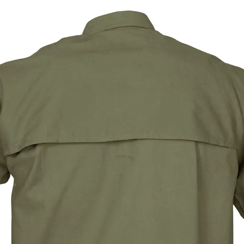 Olive green Clay Bird Shirt for Men featuring a back yoke panel and short sleeves