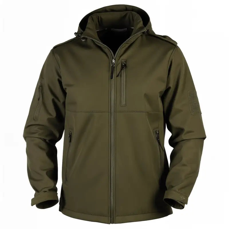 Olive green tactical jacket Alpha with hood and hand pocket for outdoor activities
