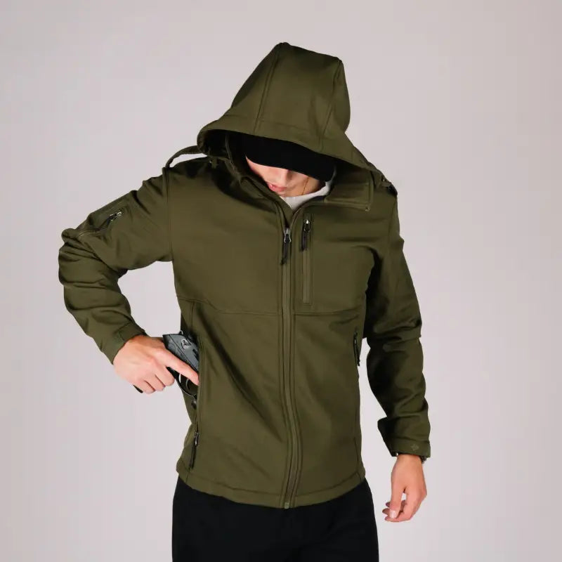 Olive green tactical jacket Alpha with hood and practical hand pocket for outdoor gear