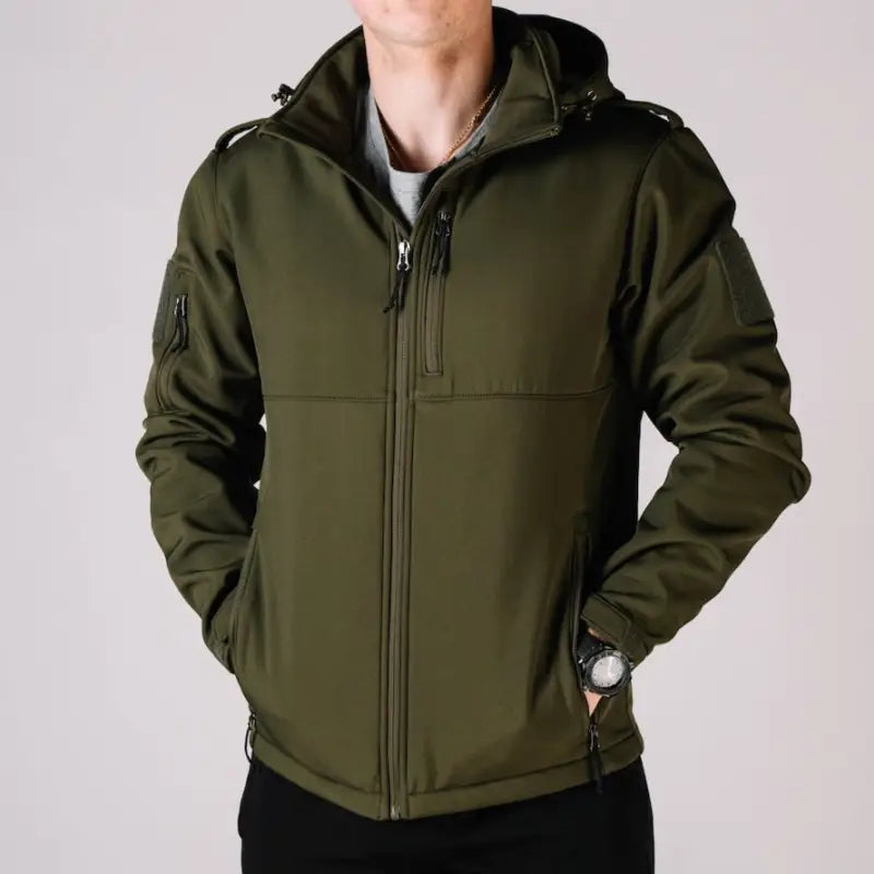 Olive green tactical jacket Alpha with hood and practical hand pocket for outdoor prep