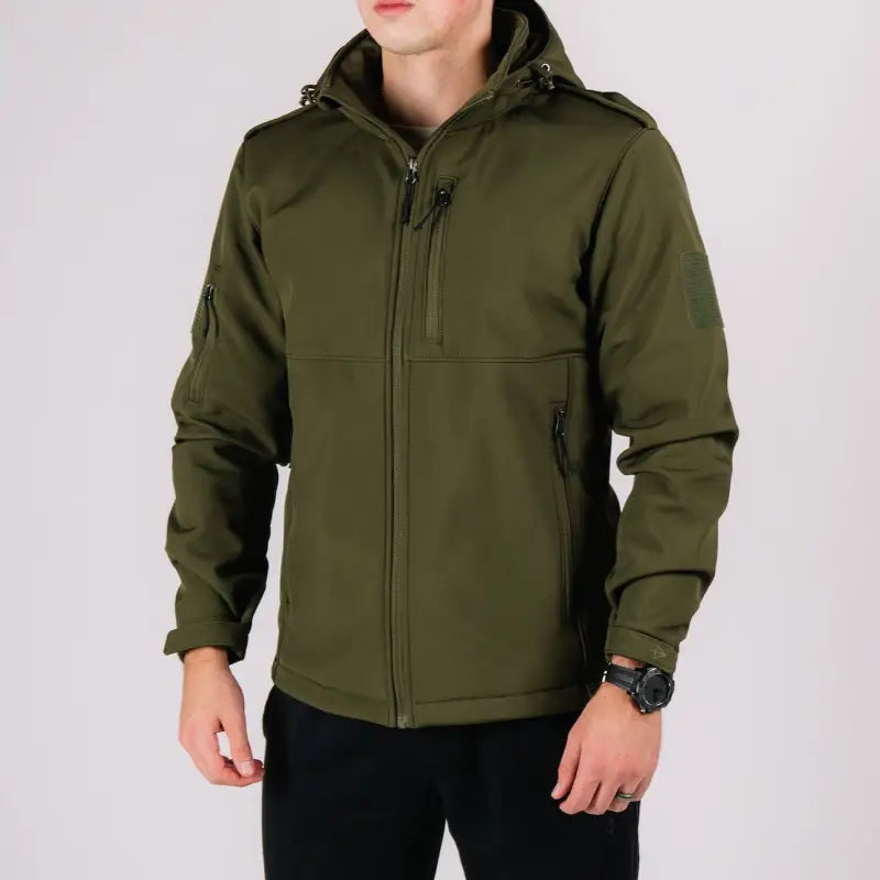 Olive green hooded tactical jacket with hand pockets from Tactical Jacket Alpha