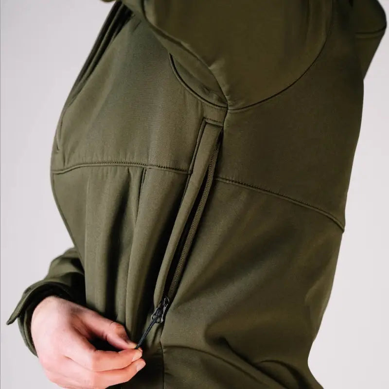 Olive green tactical jacket Alpha with zippered hand pocket and durable design