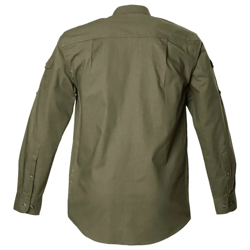 Olive green long-sleeved button-up Shooter Shirt for Men inspired by safari and shooting patch