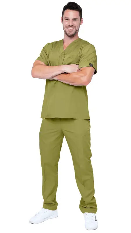 Olive green Men’s 6 Pocket Soft Stretch Uniform Scrubs Style ST101 with short sleeves