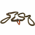 Olive green nylon multi-loop rescue strap with orange carabiner clip attached