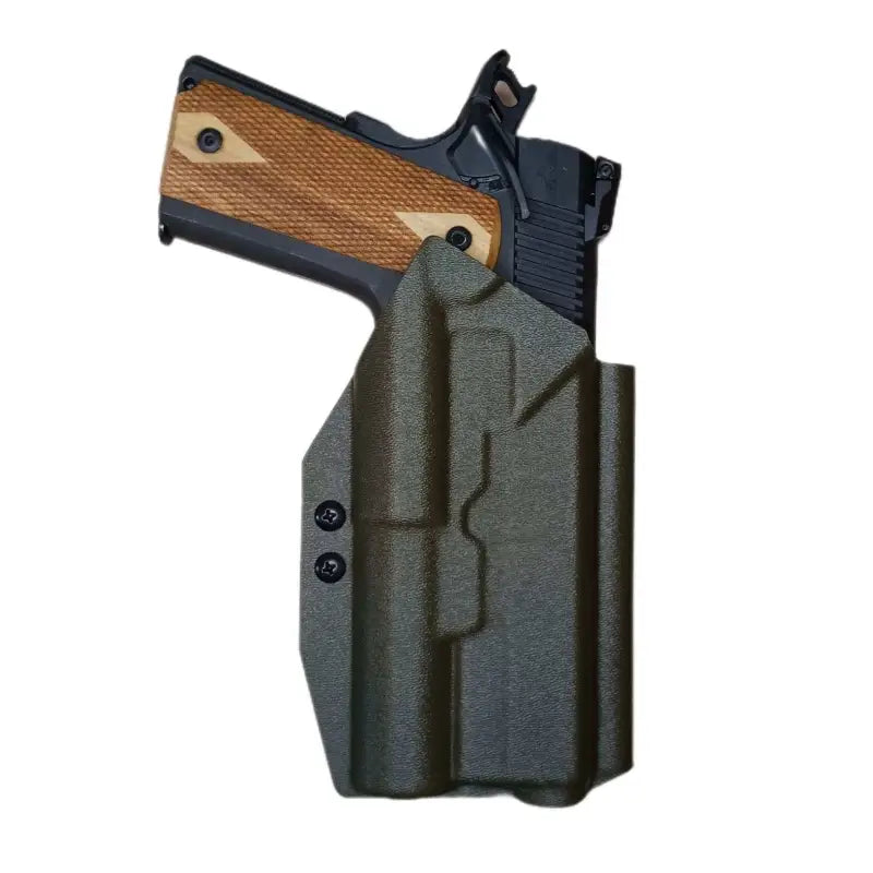 Olive green multimount holster Modlite PL350 with pistol and wooden grips, ideal for suppressor height sights