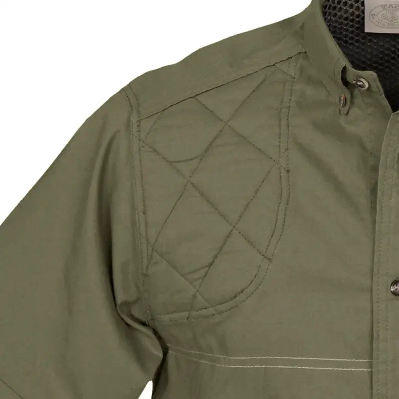 Olive green quilted hunting jacket with stitched detailing for Clay Bird Shirt for Men