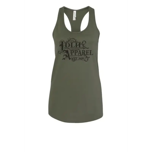 Olive green ladies script tank featuring DLH Apparel logo in black on airlume combed fabric