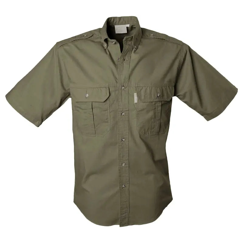 Olive green short-sleeved button-up Trail Shirt for Men with chest pockets and extra sun protection