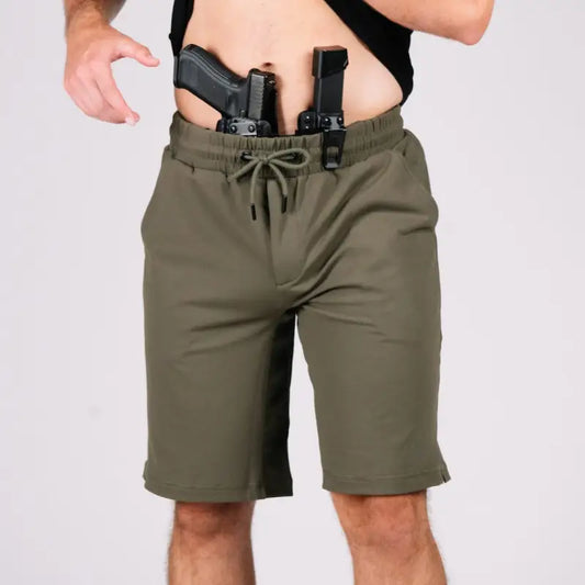 Olive-green drawstring shorts for concealed carry from Arrowhead Tactical Apparel