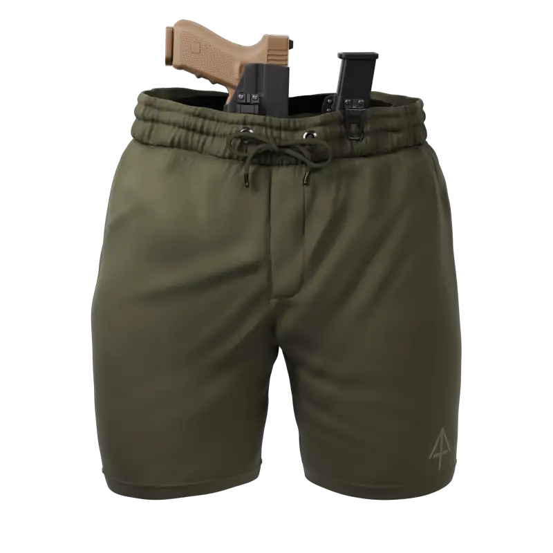 Olive green carrier shorts with concealed carry gun holster from Arrowhead Tactical Apparel