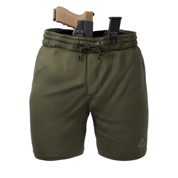 Olive green carrier shorts with concealed carry gun holster from Arrowhead Tactical Apparel
