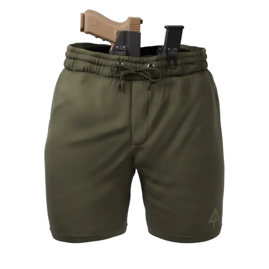 Olive green carrier shorts with concealed carry gun holster from Arrowhead Tactical Apparel
