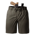 Olive-green Carrier Shorts Mk.II with holstered handgun for concealed carry by Arrowhead Tactical Apparel