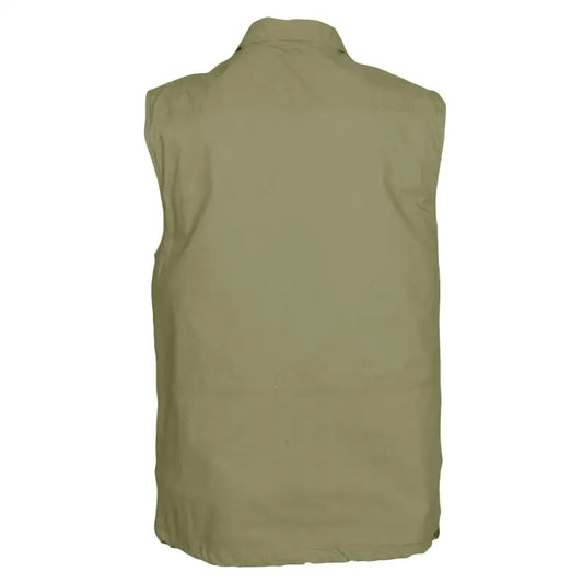 Olive green sleeveless travel vest for men - khaki with plain back and zippered pockets