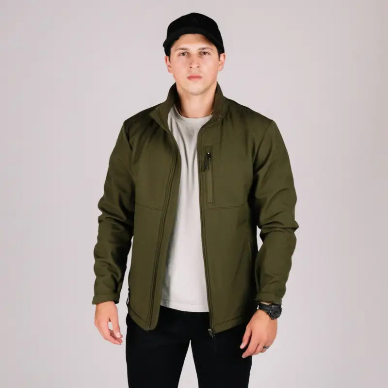 Olive green softshell tactical jacket Bravo with a hand pocket for outdoor activities