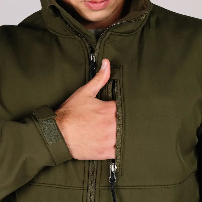 Olive green softshell tactical jacket Bravo with hand pocket for outdoor activities