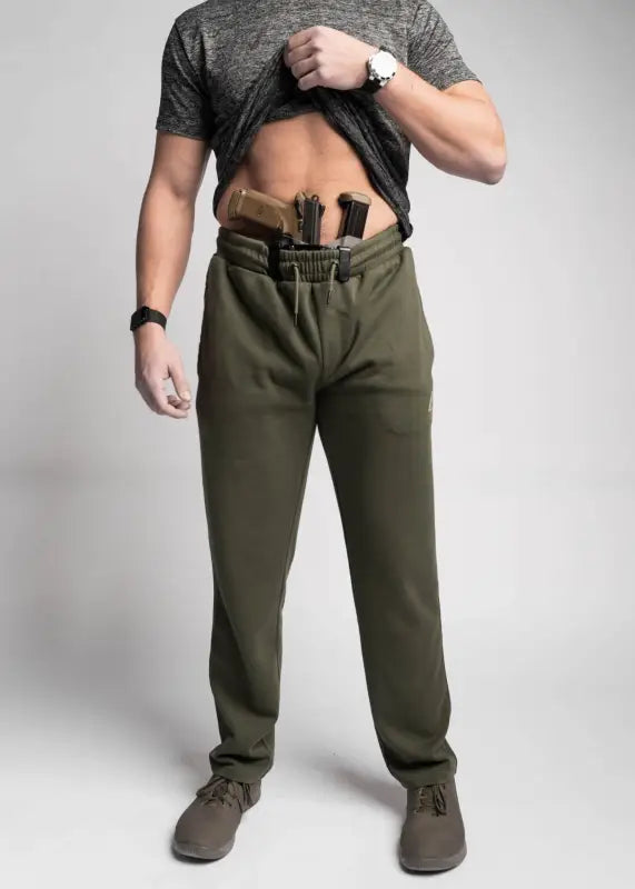 Olive green Carrier Sweatpants with patented carrier retention waistband for concealed carry