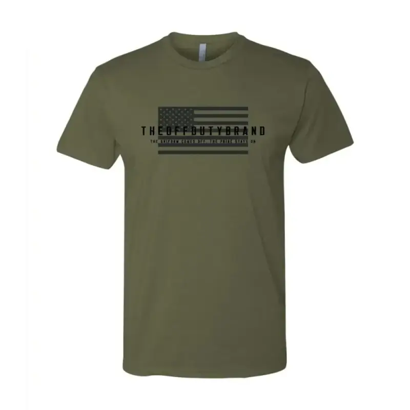 Olive green Off Duty Valor Tee with black text and American flag design