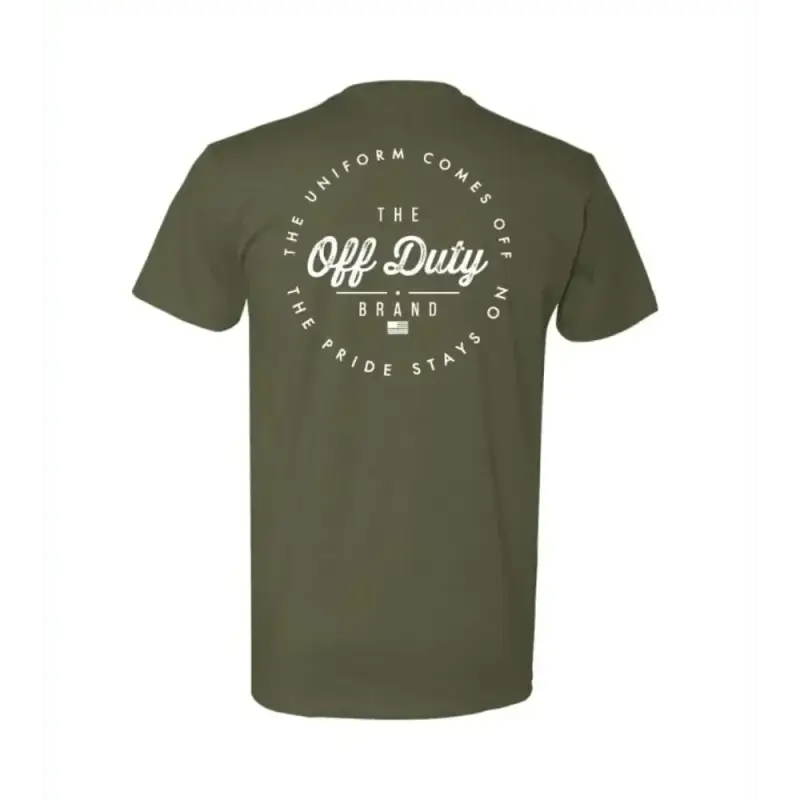 Olive green Off Duty Essential Tee featuring circular Off Duty Brand logo on back