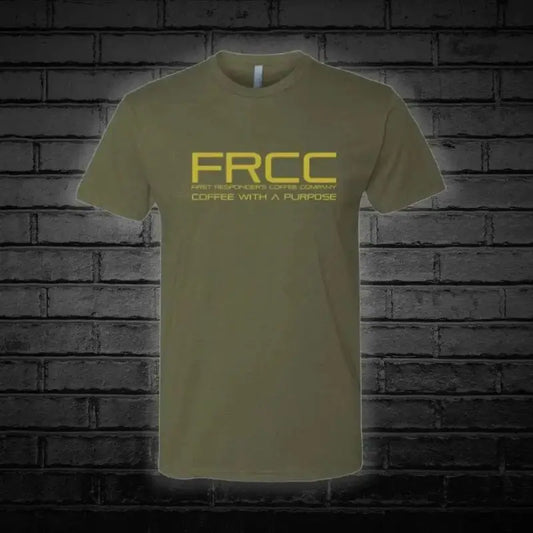 Olive green shirt with yellow FRCC text and Coffee With A Purpose tagline for men and women