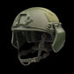 Olive-green tactical helmet with chin strap featuring Ear Armor for enhanced body armor protection