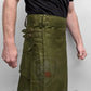 Olive green utility kilt featuring buckle straps and pleats for a rugged look