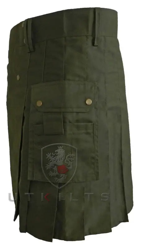 Olive Green Utility Kilt with cargo pockets and embroidered shield patch