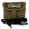 Olive green tactical pouch with REFUGE branding and black tourniquet in ranger green IFAK