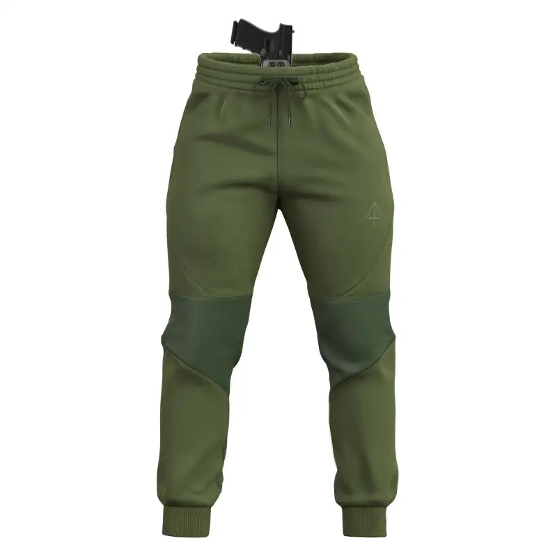Olive green tactical sweatpants with concealed carry handgun and retention belt design
