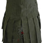 Olive green utility kilt featuring pleats and cargo pockets for a rugged look