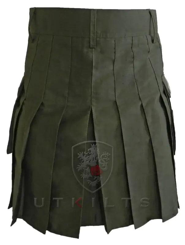 Olive green utility kilt featuring pleats and cargo pockets for a rugged look