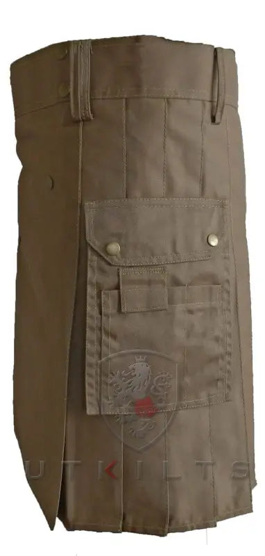 Olive green tactical utility kilt with cargo pockets and belt loops for versatile wear